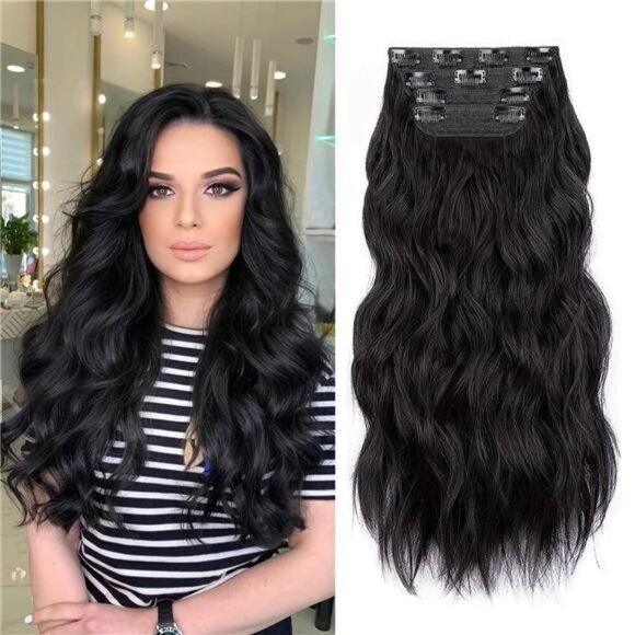 Black Hair Extensions, 20 Inches Soft Synthetic Curly Hair Extensions Clip ins - Picture 1 of 7